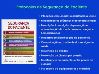 Protocolos de Segurança do Paciente
 Infecções relacionadas à assistência à saúde
 Procedimentos cirúrgicos e de anestesiologia
 Prescrição, transcrição, dispensação e
administração de medicamentos, sangue e
hemoderivados
 Processos de identificação de pacientes
 Comunicação no ambiente dos serviços de
saúde
 Prevenção de quedas
 Prevenção de Úlceras por pressão
 Transferência de pacientes entre pontos de
cuidado
 Uso seguro de equipamentos e materiais
 