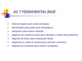 AS 7 FERRAMENTAS BASE


•   Folha de Registo (para recolha de dados)
•   Estratificação (para poder fazer amostragem)
•   Histograma (para ilustrar variações
•   Diagrama em espinha de peixe (para identificar a origem dos problemas)
•   Diagrama de Pareto (para hierarquizar factos)
•   Diagramas ou cartas de controlo (para controlar o processo)
•   Diagrama de correlação (para mostrar correlações)




                                                                             3
 