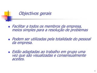 Objectivos gerais

   Facilitar a todos os membros da empresa,
    meios simples para a resolução de problemas

   Podem ser utilizadas pela totalidade do pessoal
    da empresa.

   Estão adaptadas ao trabalho em grupo uma
    vez que são visualizadas e consensualmente
    aceites.

                                                      4
 