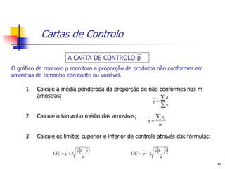 Cartas de Controlo

                        A CARTA DE CONTROLO p
O gráfico de controlo p monitora a proporção de produtos não conformes em
amostras de tamanho constante ou variável.

     1.   Calcule a média ponderada da proporção de não conformes nas m
          amostras;                                      d
                                                      p
                                                                   n
     2.   Calcule o tamanho médio das amostras;
                                                         n
                                                              n       i

                                                                   m

     3.   Calcule os limites superior e inferior de controle através das fórmulas:

                LSC  p  3
                               
                              p 1 p           LIC  p  3
                                                               
                                                              p 1 p       
                                 n                               n
                                                                                     40
 
