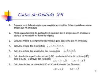 Cartas de Controlo X-R

1.   Organize uma folha de registo para registar as medidas feitas em cada um dos n
     artigos das m amostras;

2.   Meça a característica de qualidade em cada um dos n artigos das m amostras e
     escreva os resultados na folha de registo;

3.   Calcule a média e a amplitude das medidas para cada uma das m amostras;

4.   Calcule a média das m amostras          x1  x 2  ...  x m
                                        x
                                                      m
                                                                     R1  ...  Rm
5.   Calcule a média das amplitudes das m amostras              R
                                                                           m
6.   Calcule o limite superior de controlo (LSC) e o limite inferior de controlo (LIC)
     para a média x, através das fórmulas:
                                               LSC  x  A2 R        LIC  x  A2 R
7.   Calcule os limites de controlo (LSC e LIC) de R através das fórmulas:

                                                 LSC  D4 R              LIC  D3 R
                                                                                         50
 