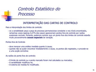 Controlo Estatístico do
              Processo
                     INTERPRETAÇÃO DAS CARTAS DE CONTROLO
Para a interpretação dos limites de controlo:
  - se a variabilidade peça a peça do processo permanecesse constante e nos níveis encontrados,
    raríssimas vezes (apenas 0,27% dos casos) apareceriam pontos fora do controlo por razões
    ocasionais normais. Portanto, podemos concluir que um ponto fora dos limites de controlo estarão
    muito provavelmente causas especiais de variação.

Pontos fora de Controlo

  - deve merecer uma análise imediata quanto à causa;
  - quando não se puder encontrar imediatamente a causa, os pontos são registados, e procede-se
    a uma acção correctiva

As razões do ponto fora de controlo:

  - O limite de controlo ou o ponto marcado foram mal calculados ou marcados;
  - A variabilidade modificou-se;
  - O sistema de medida foi modificado.

                                                                                                       56
 