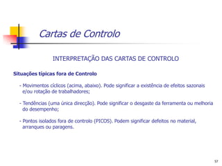 Cartas de Controlo

                 INTERPRETAÇÃO DAS CARTAS DE CONTROLO

Situações típicas fora de Controlo

  - Movimentos cíclicos (acima, abaixo). Pode significar a existência de efeitos sazonais
    e/ou rotação de trabalhadores;

  - Tendências (uma única direcção). Pode significar o desgaste da ferramenta ou melhoria
    do desempenho;

  - Pontos isolados fora de controlo (PICOS). Podem significar defeitos no material,
    arranques ou paragens.




                                                                                            57
 