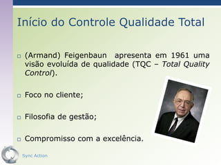 Início do Controle Qualidade Total

    (Armand) Feigenbaun apresenta em 1961 uma
     visão evoluída de qualidade (TQC – Total Quality
     Control).

    Foco no cliente;

    Filosofia de gestão;

    Compromisso com a excelência.

    Sync Action                                  43
 