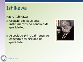Ishikawa
Kaoru Ishikawa
 Criação dos seus sete

  instrumentos do controle de
  qualidade;

    Associado principalmente ao
     conceito dos círculos de
     qualidade




    Sync Action                    48
 