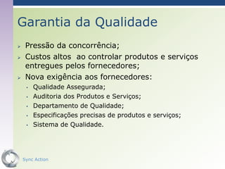 Garantia da Qualidade
    Pressão da concorrência;
    Custos altos ao controlar produtos e serviços
     entregues pelos fornecedores;
    Nova exigência aos fornecedores:
     •   Qualidade Assegurada;
     •   Auditoria dos Produtos e Serviços;
     •   Departamento de Qualidade;
     •   Especificações precisas de produtos e serviços;
     •   Sistema de Qualidade.




    Sync Action                                            55
 