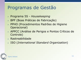 Programas de Gestão
   Programa 5S - Housekeeping
   BPF (Boas Práticas de Fabricação)
   PPHO (Procedimentos Padrões de Higiene
    Operacional)
   APPCC (Análise de Perigos e Pontos Críticos de
    Controle)
   Rastreabilidade
   ISO (International Standard Organization)




Sync Action                                     58
 