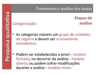 Tratamento e análise dos dados
Categorização:

Etapas de
análise

• As categorias reúnem um grupo de unidades
de registro e devem ser mutuamente
excludentes.
• Podem ser estabelecidas a priori - modelo
fechado; no decorrer da análise - modelo
aberto; ou podem sofrer modificações
durante a análise - modelo misto.

 