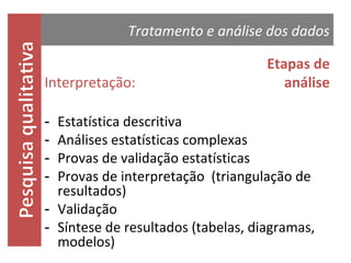 Tratamento e análise dos dados

Interpretação:

Etapas de
análise

Estatística descritiva
Análises estatísticas complexas
Provas de validação estatísticas
Provas de interpretação (triangulação de
resultados)
- Validação
- Síntese de resultados (tabelas, diagramas,
modelos)
-

 