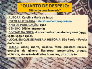 •AUTORA: Carolina Maria de Jesus
•ESCOLA LITERÁRIA: Literatura Contemporânea
•ANO DE PUBLICAÇÃO: 1960
•GÊNERO: Diário - memórias
•DIVISÃO DA OBRA: A obra mostra o relato de 4 anos (1955,
1958, 1959 e 1960).
•LOCAL EM QUE SE PASSA A HISTÓRIA: São Paulo – Favela
do Canindé
•TEMAS: Amor, morte, miséria, fome questões raciais,
questões de gênero, literatura, preconceito, drogas,
violência, violação de direitos humanos, prostituição.
 
