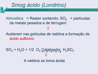 Smog ácido (Londrino)

Atmosfera = Reator contendo: SO2 + partículas
  de metais pesados e de ferrugem
                       
Aceleram nas gotículas de neblina a formação de
  ácido sulfúrico:

SO2 + H2O + 1/2 O2 Catalisador H2SO4
                     
         A neblina se torna ácida
 