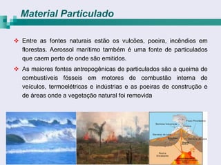 Material Particulado

 Entre as fontes naturais estão os vulcões, poeira, incêndios em
  florestas. Aerossol marítimo também é uma fonte de particulados
  que caem perto de onde são emitidos.
 As maiores fontes antropogênicas de particulados são a queima de
  combustíveis fósseis em motores de combustão interna de
  veículos, termoelétricas e indústrias e as poeiras de construção e
  de áreas onde a vegetação natural foi removida
 