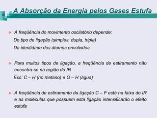 A Absorção da Energia pelos Gases Estufa


   A freqüência do movimento oscilatório depende:
    Do tipo de ligação (simples, dupla, tripla)
    Da identidade dos átomos envolvidos


   Para muitos tipos de ligação, a freqüência de estiramento não
    encontra-se na região do IR
    Exs: C – H (no metano) e O – H (água)


   A freqüência de estiramento da ligação C – F está na faixa do IR
    e as moléculas que possuem esta ligação intensificarão o efeito
    estufa
 
