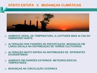 EFEITO ESTUFA X MUDANÇAS CLIMÁTICAS




   AUMENTO GERAL DE TEMPERATURA, A LATITUDES MAIS ALTAS DO
    HEMISFÉRIO NORTE.

   ALTERAÇÃO NOS PADRÕES DE PRECIPITAÇÃO, MUDANÇAS EM
    LARGA ESCALA NA DISTRIBUIÇÃO DE TERRAS CULTIVÁVEIS.

   ALTERAÇÃO MUITO RÁPIDA NA DISTRIBUIÇÃO DE DIFERENTES
    ECOSSISTEMAS.

   AUMENTO EM PADRÕES EXTERNOS METEOROLÓGICOS,
    TEMPESTADES .

   MUDANÇAS NA CIRCULAÇÃO OCEÂNICA
 