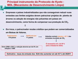 Principal instrumento do Protocolo de Kyoto :
       MDL (Mecanismo de Desenvolvimento Limpo)

    Empresas e países industrializados que não conseguirem reduzir suas
     emissões aos limites exigidos devem patrocinar projetos de plantio de
     árvores ou adoção de energias não poluentes em países em
     desenvolvimento, como forma de compensar sua produção de CO2.
                              
    Em troca, o patrocinador recebe créditos que podem ser comercializados
     em Bolsas de Valores.
       Participaram:              Ratificado por    Adesões somam apenas  36 % das
        170 países                71 países         emissões mundiais de CO2


                                                    É necessário min. de 55 %
                                                    para o tratado ter efeito
Entre 2008 e 2012, a redução deveria ser de 5% em
    relação a 1990


      Estimativa : taxas de emissão dos EUA irão aumentar em até 43 % até 2020!!!
 