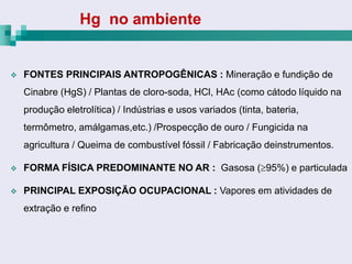 Hg no ambiente


   FONTES PRINCIPAIS ANTROPOGÊNICAS : Mineração e fundição de
    Cinabre (HgS) / Plantas de cloro-soda, HCl, HAc (como cátodo líquido na
    produção eletrolítica) / Indústrias e usos variados (tinta, bateria,
    termômetro, amálgamas,etc.) /Prospecção de ouro / Fungicida na
    agricultura / Queima de combustível fóssil / Fabricação deinstrumentos.

   FORMA FÍSICA PREDOMINANTE NO AR : Gasosa (95%) e particulada

   PRINCIPAL EXPOSIÇÃO OCUPACIONAL : Vapores em atividades de
    extração e refino
 