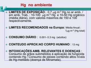 Hg no ambiente
   LIMITES DE EXPOSIÇÃO : 0,7 g m-3 Hg no ar amb. /
    em amb. Trab. : 10-100 g m-3 Hg e 10-50 Hg orgânico
    (média diária), com valores máximos de 150 e 100
    respectivamente.

   LIMITES RECOMENDADOS na Europa: Média Anual :
                                           1g m-3 (Hg total)

   CONSUMO DIÁRIO : 0.001- 0.3 mg (adultos)

   CONTEUDO APROX.NO CORPO HUMANO : 13 mg

   INTOXICAÇÕES AMB. RELEVANTES E DOENÇAS :
    Consumo de grãos submetidos à aplicação de fungicida
    contendo Hg / Consumo de peixes contendo altos níveis
    de Hg-metilado (doença de Minamata).
 
