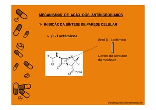 β - Lactâmicos
Anel β - Lactâmico
Centro da atividade
MECANISMOS DE AÇÃO DOS ANTIMICROBIANOS
1- INIBIÇÃO DA SÍNTESE DE PAREDE CELULAR
Centro da atividade
da molécula
 