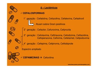CEFALOSPORINAS
1ª geração : Cefalotina, Cefazolina, Cefalexina, Cefadroxil
Atuam sobre Gram positivos
2ª geração : Cefaclor, Cefuroxima, Cefprozila
3ª geração : Cefotaxima, Ceftriaxona, Cefodizima, Ceftazidina,
β – Lactâmicos
3ª geração : Cefotaxima, Ceftriaxona, Cefodizima, Ceftazidina,
Cefoperazona, Cefixima, Cefetamet, Cefpodoxima
4ª geração : Cefepima, Cefpiroma, Ceftobiprole
Espectro ampliado
CEFAMICINAS Cefoxitina
 