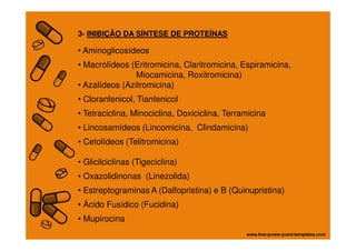 3- INIBIÇÃO DA SÍNTESE DE PROTEÍNAS
• Aminoglicosídeos
• Macrolídeos (Eritromicina, Claritromicina, Espiramicina,
Miocamicina, Roxitromicina)
• Azalídeos (Azitromicina)
• Cloranfenicol, Tianfenicol
• Tetraciclina, Minociclina, Doxiciclina, Terramicina
• Lincosamídeos (Lincomicina, Clindamicina)• Lincosamídeos (Lincomicina, Clindamicina)
• Cetolídeos (Telitromicina)
• Glicilciclinas (Tigeciclina)
• Oxazolidinonas (Linezolida)
• Estreptograminas A (Dalfopristina) e B (Quinupristina)
• Ácido Fusídico (Fucidina)
• Mupirocina
 