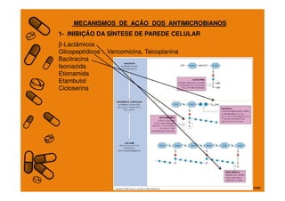 MECANISMOS DE AÇÃO DOS ANTIMICROBIANOS
1- INIBIÇÃO DA SÍNTESE DE PAREDE CELULAR
β-Lactâmicos
Glicopeptídicos : Vancomicina, Teicoplanina
Bacitracina
Isoniazida
Etionamida
Etambutol
Cicloserina
 