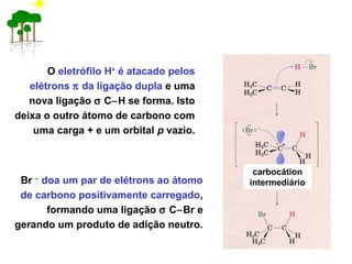 O eletrófilo H+
é atacado pelos
elétrons π da ligação dupla e uma
nova ligação σ C−H se forma. Isto
deixa o outro átomo de carbono com
uma carga + e um orbital p vazio.
Br −
doa um par de elétrons ao átomo
de carbono positivamente carregado,
formando uma ligação σ C−Br e
gerando um produto de adição neutro.
carbocátion
intermediário
 
