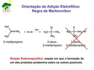 Orientação da Adição Eletrofílica:
Regra de Markovnikov
2-metilpropeno 2-cloro-
2-metilpropano
1-cloro-
2-metilpropano
Reação Esteroespecífica: reação em que a formação de
um dos produtos predomina sobre os outros possíveis.
CH2
H
CH3
CH3
ClCH2
CH3
CH3
+ H−Cl CH3
Cl
CH3
CH3
éter
 