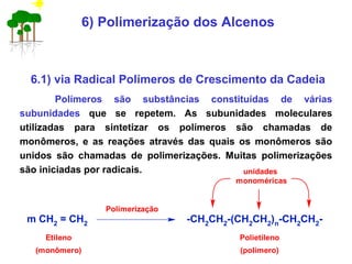 Polímeros são substâncias constituídas de várias
subunidades que se repetem. As subunidades moleculares
utilizadas para sintetizar os polímeros são chamadas de
monômeros, e as reações através das quais os monômeros são
unidos são chamadas de polimerizações. Muitas polimerizações
são iniciadas por radicais.
6) Polimerização dos Alcenos
6.1) via Radical Polímeros de Crescimento da Cadeia
m CH2
= CH2
-CH2
CH2
-(CH2
CH2
)n
-CH2
CH2
-
Polimerização
Etileno
(monômero)
Polietileno
(polímero)
unidades
monoméricas
 