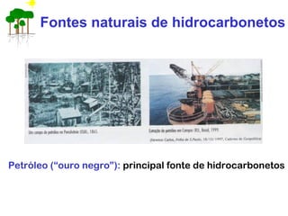 Fontes naturais de hidrocarbonetos
Petróleo (“ouro negro”): principal fonte de hidrocarbonetos
 