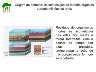 Origem do petróleo: decomposição de matéria orgânica
durante milhões de anos
Resíduos de organismos
mortos se acumularam
nas orlas dos mares e
foram soterrados. Com o
passar do tempo sob
altas pressões,
temperaturas e ação de
microorganismos formou-
se o petróleo.
 