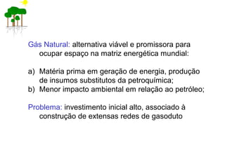 Gás Natural: alternativa viável e promissora para
ocupar espaço na matriz energética mundial:
a) Matéria prima em geração de energia, produção
de insumos substitutos da petroquímica;
b) Menor impacto ambiental em relação ao petróleo;
Problema: investimento inicial alto, associado à
construção de extensas redes de gasoduto
 
