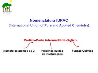 Nomenclatura IUPAC
(International Union of Pure and Applied Chemistry)
Prefixo-Parte intermediária-Sufixo
Presença ou não
de insaturações
Função QuímicaNúmero de atomos de C
 