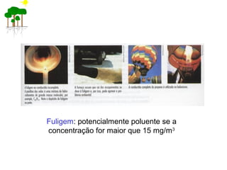 Fuligem: potencialmente poluente se a
concentração for maior que 15 mg/m3
 