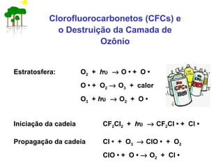 Clorofluorocarbonetos (CFCs) e
o Destruição da Camada de
Ozônio
Estratosfera: O2 + hυ → O • + O •
O • + O2 → O3 + calor
O3 + hυ → O2 + O •
Iniciação da cadeia CF2Cl2 + hυ → CF2Cl • + Cl •
Propagação da cadeia Cl • + O3 → ClO • + O2
ClO • + O • → O2 + Cl •
 