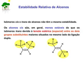 Estabilidade Relativa de Alcenos
Isômeros cis e trans de alcenos não têm a mesma estabilidade.
Os alcenos cis são, em geral, menos estáveis do que os
isômeros trans devido à tensão estérica (espacial) entre os dois
grupos substituintes maiores situados no mesmo lado da ligação
dupla.
C C
C
H H
C
H
H H
H
H
H
C C
C
H C
H
H
H H
H
H
H
 