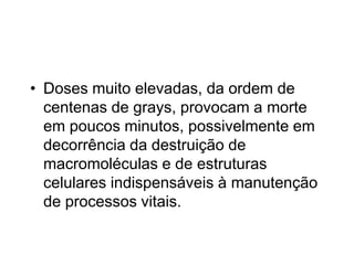 • Doses muito elevadas, da ordem de
centenas de grays, provocam a morte
em poucos minutos, possivelmente em
decorrência da destruição de
macromoléculas e de estruturas
celulares indispensáveis à manutenção
de processos vitais.
 
