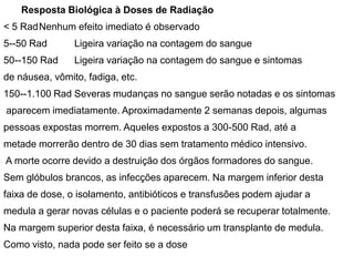 Resposta Biológica à Doses de Radiação
< 5 RadNenhum efeito imediato é observado
5--50 Rad Ligeira variação na contagem do sangue
50--150 Rad Ligeira variação na contagem do sangue e sintomas
de náusea, vômito, fadiga, etc.
150--1.100 Rad Severas mudanças no sangue serão notadas e os sintomas
aparecem imediatamente. Aproximadamente 2 semanas depois, algumas
pessoas expostas morrem. Aqueles expostos a 300-500 Rad, até a
metade morrerão dentro de 30 dias sem tratamento médico intensivo.
A morte ocorre devido a destruição dos órgãos formadores do sangue.
Sem glóbulos brancos, as infecções aparecem. Na margem inferior desta
faixa de dose, o isolamento, antibióticos e transfusões podem ajudar a
medula a gerar novas células e o paciente poderá se recuperar totalmente.
Na margem superior desta faixa, é necessário um transplante de medula.
Como visto, nada pode ser feito se a dose
 
