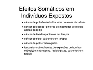 Efeitos Somáticos em
Indivíduos Expostos
câncer de pulmão--trabalhadores de minas de urânio
câncer dos ossos--pintores de mostrador de relógio
à base de rádio
câncer de tiróide--pacientes em terapia
câncer de seio--pacientes em terapia
câncer de pele--radiologistas
leucemia--sobreviventes de explosões de bombas,
exposição intra-uterina, radiologistas, pacientes em
terapia
 