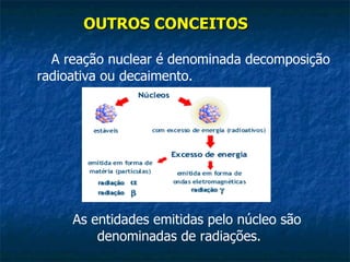 OUTROS CONCEITOS

  A reação nuclear é denominada decomposição
radioativa ou decaimento.




     As entidades emitidas pelo núcleo são
         denominadas de radiações.
 