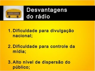 Desvantagens
do rádio
1. Dificuldade para divulgação
nacional;
2. Dificuldade para controle da
mídia;
3. Alto nível de dispersão do
público;

 