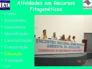 •
•
•
•
•
•
•
•

Atividades em Recursos
Fitogenéticos

Coleta
Intercâmbio
Quarentena
Identificação
Caracterização
Conservação
Educação
Valoração

• Uso

 