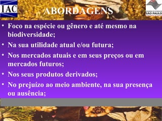 ABORDAGENS
• Foco na espécie ou gênero e até mesmo na
biodiversidade;
• Na sua utilidade atual e/ou futura;
• Nos mercados atuais e em seus preços ou em
mercados futuros;
• Nos seus produtos derivados;
• No prejuízo ao meio ambiente, na sua presença
ou ausência;

 