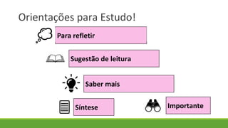 Orientações para Estudo!
Para refletir
Sugestão de leitura
Saber mais
Importante
Síntese
 