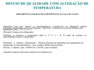 DESVIO DE QUALIDADE COM ALTERAÇÃO DE
TEMPERATURA
PROVIDÊNCIAS TOMADAS PELO RESPONSÁVEL DA SALA DE VACINA
•Identificar com uma “marca” os imunobiológicos, acondicionar em embalagem plástica
perfurada, identificados como “Sob Suspeita – Não Usar” e colocá-los em caixas térmicas com
temperatura entre + 2º C e + 8º C;
•Proceder à limpeza do refrigerador;
•Verificar se alcançou a temperatura ideal (+ 2º C a + 8º C) antes de retornar os
imunobiológicos para o refrigerador;
•Preencher o relatório padronizado: “Ficha de alteração de tenperatura em equipamento de
refrigeração de imunobiologicos”, com os dados obtidos anteriormente;
•Enviar o relatório para o PADI CO e SUVIS, para avaliação;
•Aguardar resposta oficial para utilizá-los ou desprezá-los.
 