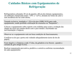 12
Cuidados Básicos com Equipamentos de
Refrigeração
Refrigeradores afastados 20 cm da parede e 40 cm dos demais equipamentos,
em ambiente climatizado (entre +18ºC e +22ºC), distante de fontes de calor e
sem incidência de luz solar direta;
Tomada exclusiva, instalada a 1,30 m do piso (NBR 5410) para cada
equipamento, sendo proibida a utilização de extensões ou “benjamim”;
Colocar o equipamento sobre suporte com rodinhas para evitar a oxidação das
chapas da caixa em contato direto com o piso úmido e facilitando sua
movimentação e limpeza;
Observar se o equipamento está em boas condições de funcionamento;
Certificar-se de que a porta está vedando adequadamente (teste da tira de
papel);
Fazer degelo e a limpeza a cada 15 dias, da geladeira e/ou freezer, quando a
camada de gelo atingir 0,5cm;
Realizar manutenção preventiva, preditiva e corretiva conforme recomendação
de cada equipamento.
 
