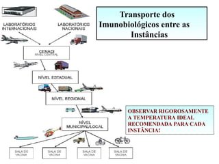 Transporte dos
Imunobiológicos entre as
Instâncias
OBSERVAR RIGOROSAMENTE
A TEMPERATURA IDEAL
RECOMENDADA PARA CADA
INSTÂNCIA!
 