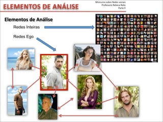 ELEMENTOS	
  DE	
  ANÁLISE
Elementos	
  de	
  Análise
Redes Inteiras
Redes Ego
Minicurso	
  sobre	
  Redes	
  sociais
Professora	
  Rebeca	
  Rebs
Parte	
  II
 
