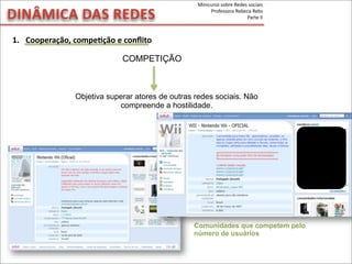 DINÂMICA	
  DAS	
  REDES
Comunidades que competem pelo
número de usuários
COMPETIÇÃO
Objetiva superar atores de outras redes sociais. Não
compreende a hostilidade.
1. Cooperação,	
  compeVção	
  e	
  conﬂito
Minicurso	
  sobre	
  Redes	
  sociais
Professora	
  Rebeca	
  Rebs
Parte	
  II
 