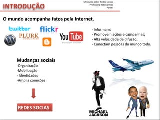 INTRODUÇÃO
Minicurso	
  sobre	
  Redes	
  sociais
Professora	
  Rebeca	
  Rebs
Parte	
  I
O	
  mundo	
  acompanha	
  fatos	
  pela	
  Internet.	
  
-­‐	
  Informam;
-­‐	
  Promovem	
  ações	
  e	
  campanhas;
-­‐	
  Alta	
  velocidade	
  de	
  difusão;
-­‐	
  Conectam	
  pessoas	
  do	
  mundo	
  todo.
Mudanças	
  sociais
-­‐Organização
-­‐Mobilização
-­‐	
  IdenMdades
-­‐Amplia	
  conexões
REDES	
  SOCIAS
 
