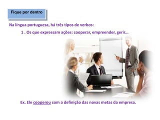 Na língua portuguesa, há três tipos de verbos:
1 . Os que expressam ações: cooperar, empreender, gerir...
Fique por dentro
Ex. Ele cooperou com a definição das novas metas da empresa.
 